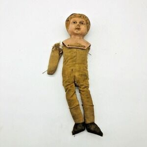 Antique 10" Minerva Tin Head Cloth Boy Doll – Made in Germany – Hand-Sewn -Rare